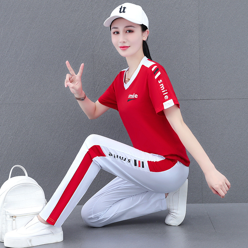 Pure Cotton Peach Heart Collar Straight Pants Fashion Casual Sports Suit Women's Summer Middle-Aged Mother's Square Dance Two-Piece Set