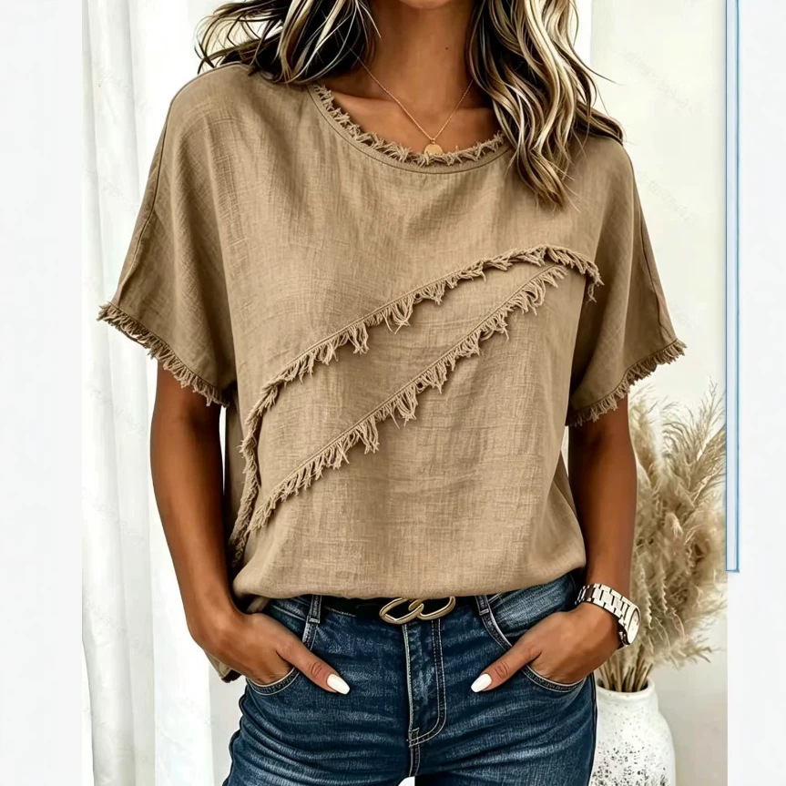 Camisa de mujer de manga corta con cuello redondo, borlas y patchwork, de algodón y lino, nueva colección primavera-verano._voghion.com