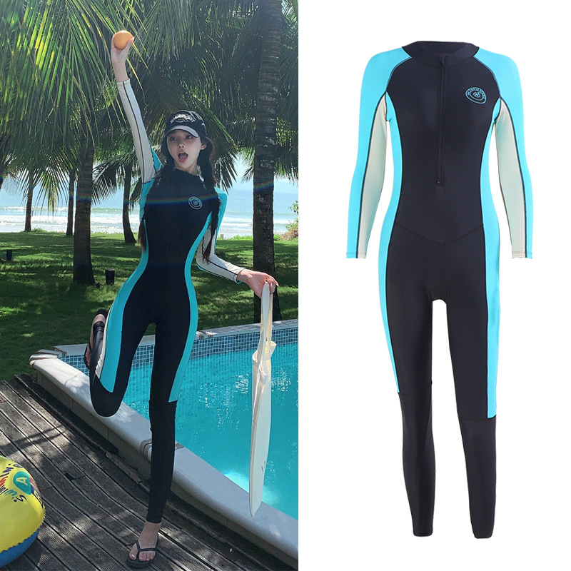 Women's One-Piece Long-Sleeved Wetsuit, Belly-Covering, Slimming Look, Contrasting Color, Sun Protection, Beach Surfing, Snorkeling, Hot Spring Jellyfish Swimsuit