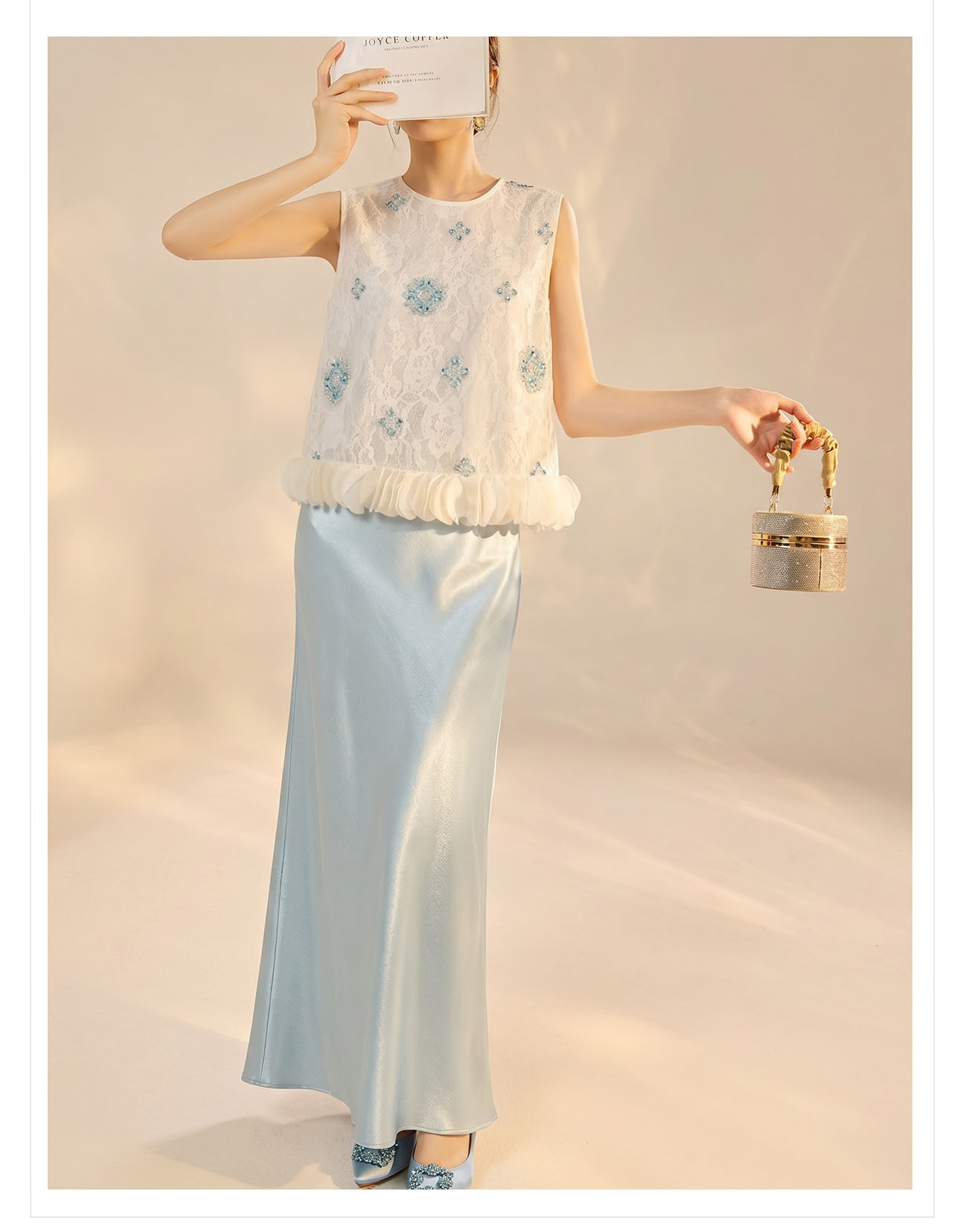 Bộ áo khoác gile thêu đính kết hợp chân váy midi phong cách Trung Hoa mới — bộ đồ, Trang chủ, Màu xanh nửa váy chi tiết 13