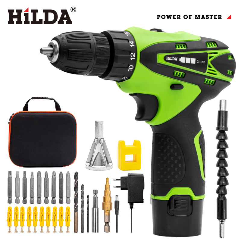 Hilda 12V destornillador inalámbrico taladro eléctrico doble velocidad batería de litio recargable luz LED 2 piezas impermeable mano Taladro