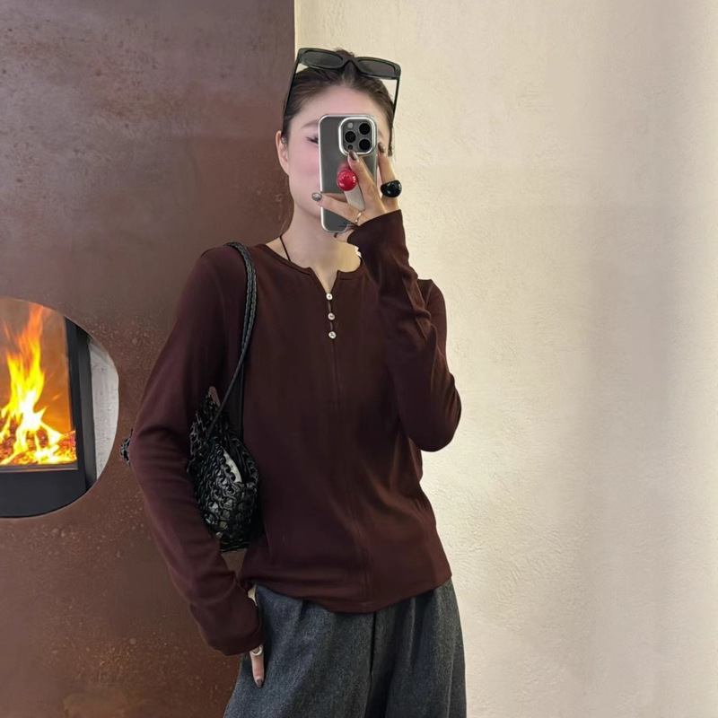 新品设计感小众V领内搭长袖上衣女T恤羊绒打底衫|undefined