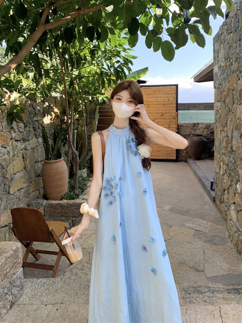 Floral Sling Sleeve dress New Arrival French Style 2025 Summer Seaside All-Match Vacation Long Dress Young Belly Covering for Children