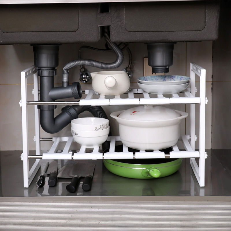 厨房下水槽置物架不锈钢可伸缩橱柜双层隔板架家用放锅碗架储物架