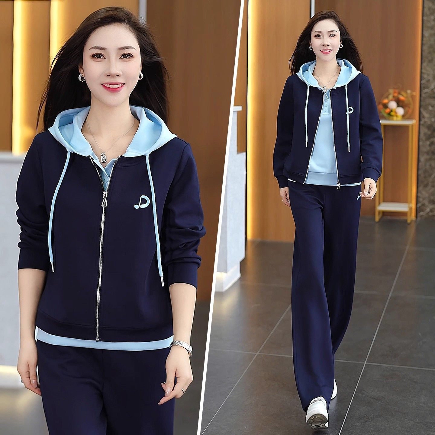 New Spring/Autumn Style Faux Two-Piece Hooded Sweatshirt Jacket Fashionable Casual Sports Set Slimming Stylish Age-Reducing Two-Piece Set