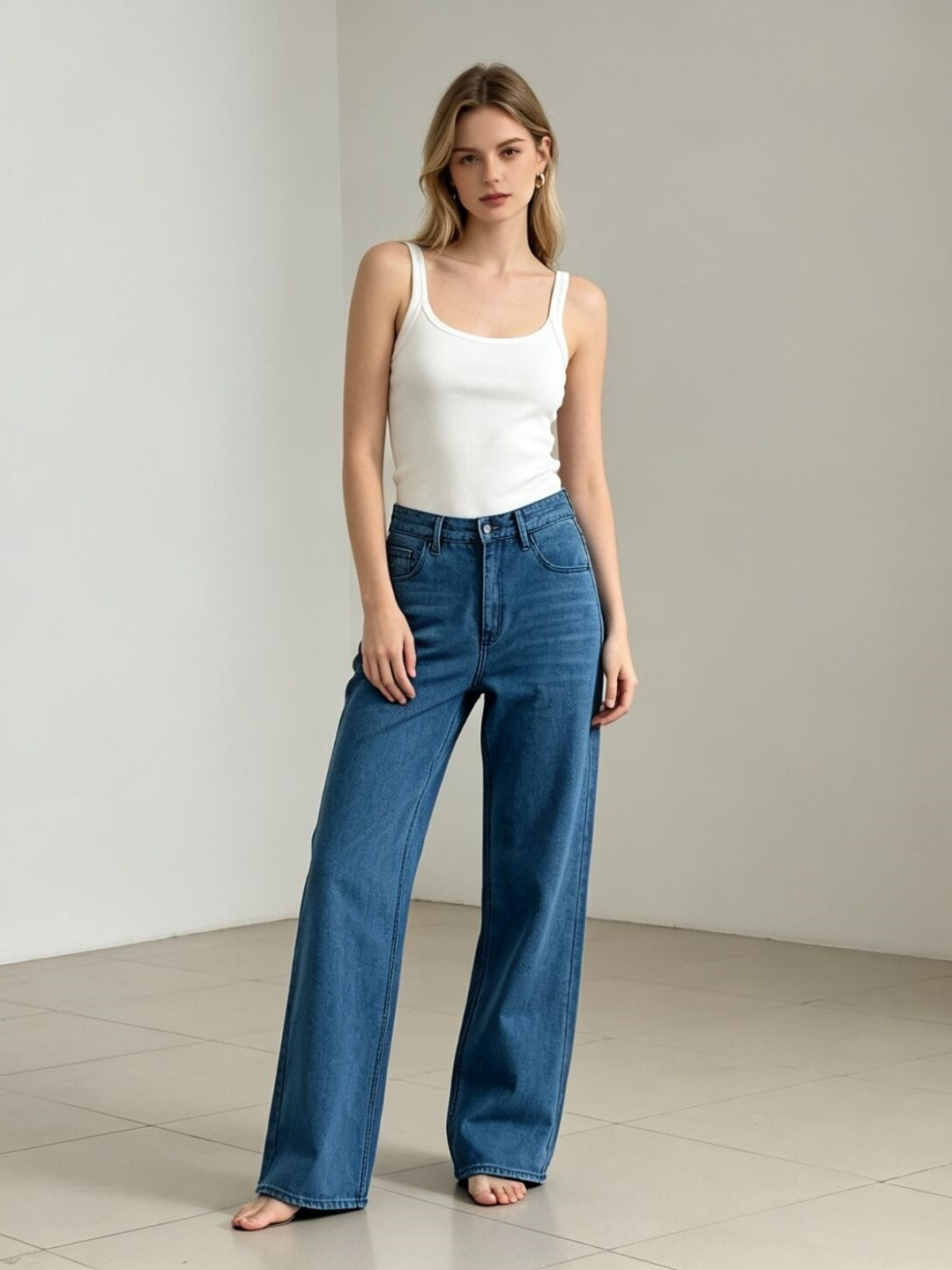 Jeans de Pierna Ancha para Mujer de Mezclilla de Algodón, Cintura Alta y Corte Recto para Uso Casual image 4