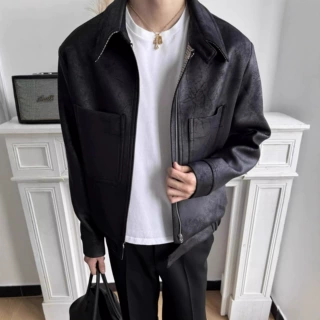 春秋新款霜冻裂纹千鸟格内里PU皮猎装皮衣Cleanfit短宽夹克外套男
