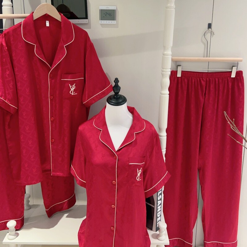 Couple's Ice Silk Pajamas for Women, Autumn Style, Long-Sleeved, Long-Pants, Light Luxury Internet Celebrity Set, Suitable for Outerwear, Men's Red Wedding Loungewear Couple's Ice Silk Pajamas for Women, Autumn Style, Long-Sleeved, Long-Pants, Light Luxury Internet Celebrity Set, Suitable for Outerwear, Men's Red Wedding Loungewear
