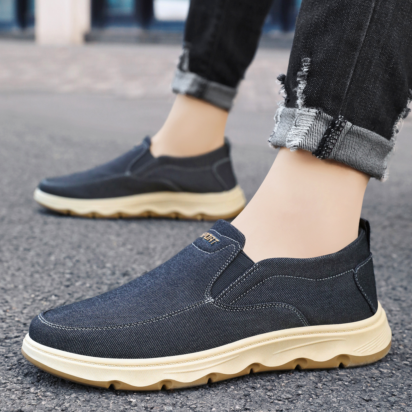 Zapatos de hombre 2026, nuevos zapatos casuales de primavera, zapatos de lona transpirables de moda, estilo slip-on, para dropshipping transfronterizo, tipo dad shoes.