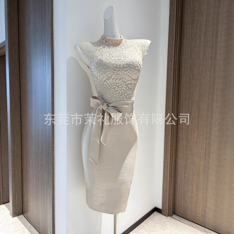 Korean-Style Elegant and Graceful Women's Lace Waist-Cinching Apricot Bandage Dress Korean-Style Elegant and Graceful Women's Lace Waist-Cinching Apricot Bandage Dress