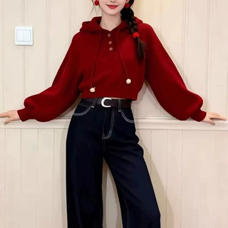 韩系秋冬新款短款连帽时尚外套慵懒风小个子百搭毛衣女针织衫套头