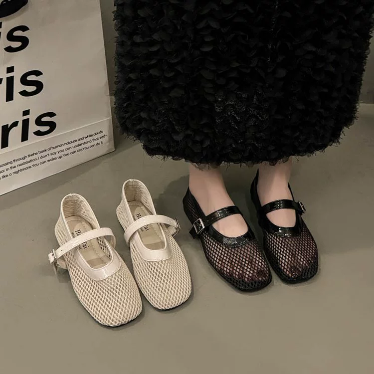 Женские туфли-лодочки из сетки в стиле французского ретро, лето 2025, новые, дышащие, мэри-джейн, простые, модные, повседневные, ажурные.