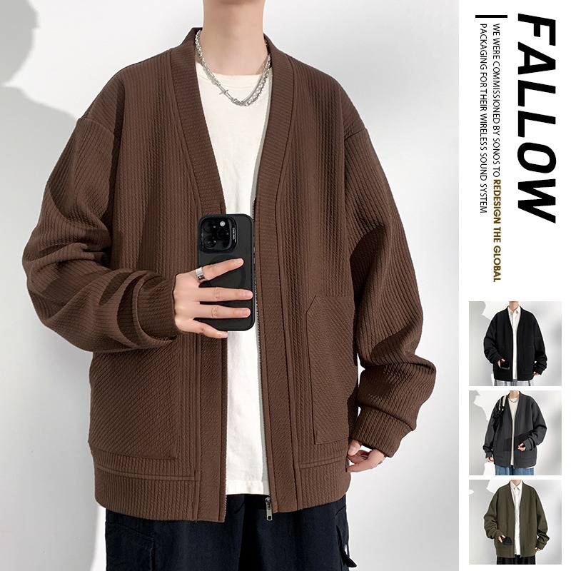 Primavera y otoño estilo de moda suelto sin cuello Cardigan chaqueta de color sólido chaqueta casual camiseta de punto de hombre