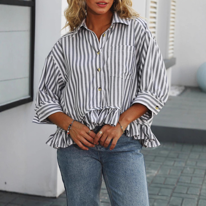 European and American Cross-Border Foreign Trade Amazon Women's Fashion Commuter Striped Lace Hem Loose Shirt Three-Quarter Sleeve Shirt