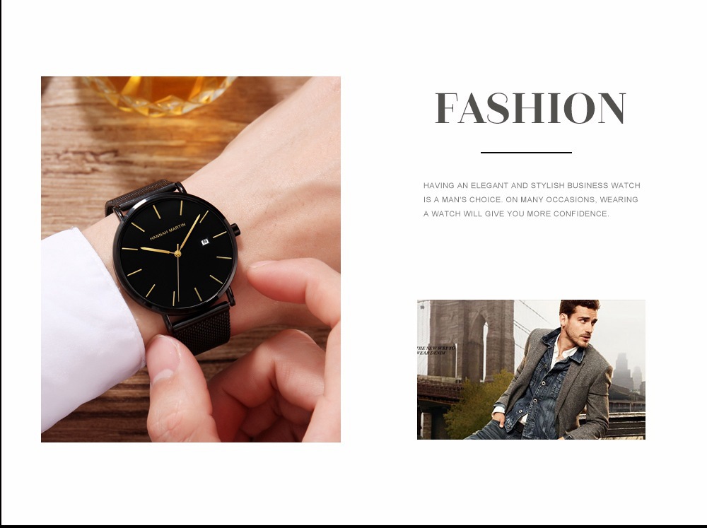 Montre à quartz décontractée minimaliste de vente chaude populaire pour hommes d'affaires avec calendrier, bracelet en maille tissée or et noir pour montre pour hommes_voghion.com