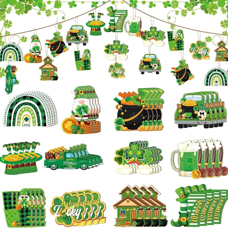 St. Patrick's Day Wooden Decorative Green Ornaments Clover Dwarf Horseshoe Hat Coin Decorative Pendant St. Patrick's Day Wooden Decorative Green Ornaments Clover Dwarf Horseshoe Hat Coin Decorative Pendant