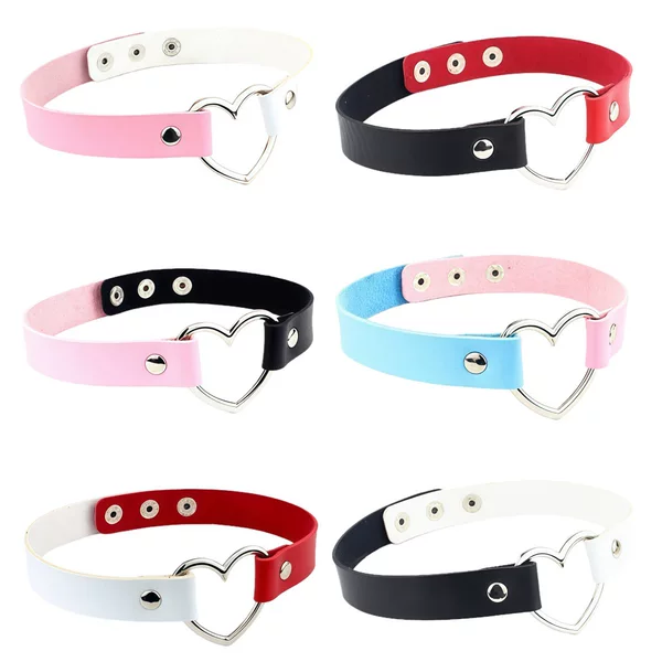 Eco-Friendly Pu Leather Japanese Harajuku Street Dance Heart-Shaped Double-Color Patchwork Neck Strap Collar Punk Necklace