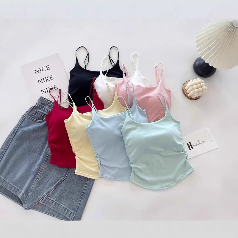 ピュアセクシースイート＆スパイシーデザインの女性用プリーツキャミソール、胸パッド付き、ワンカップ、インナーとアウター、女性用美しいバックトップ|undefined