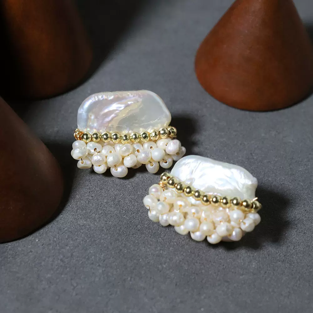 巴洛克天然淡水异形珍珠小众原创设计感轻奢气质几何耳钉