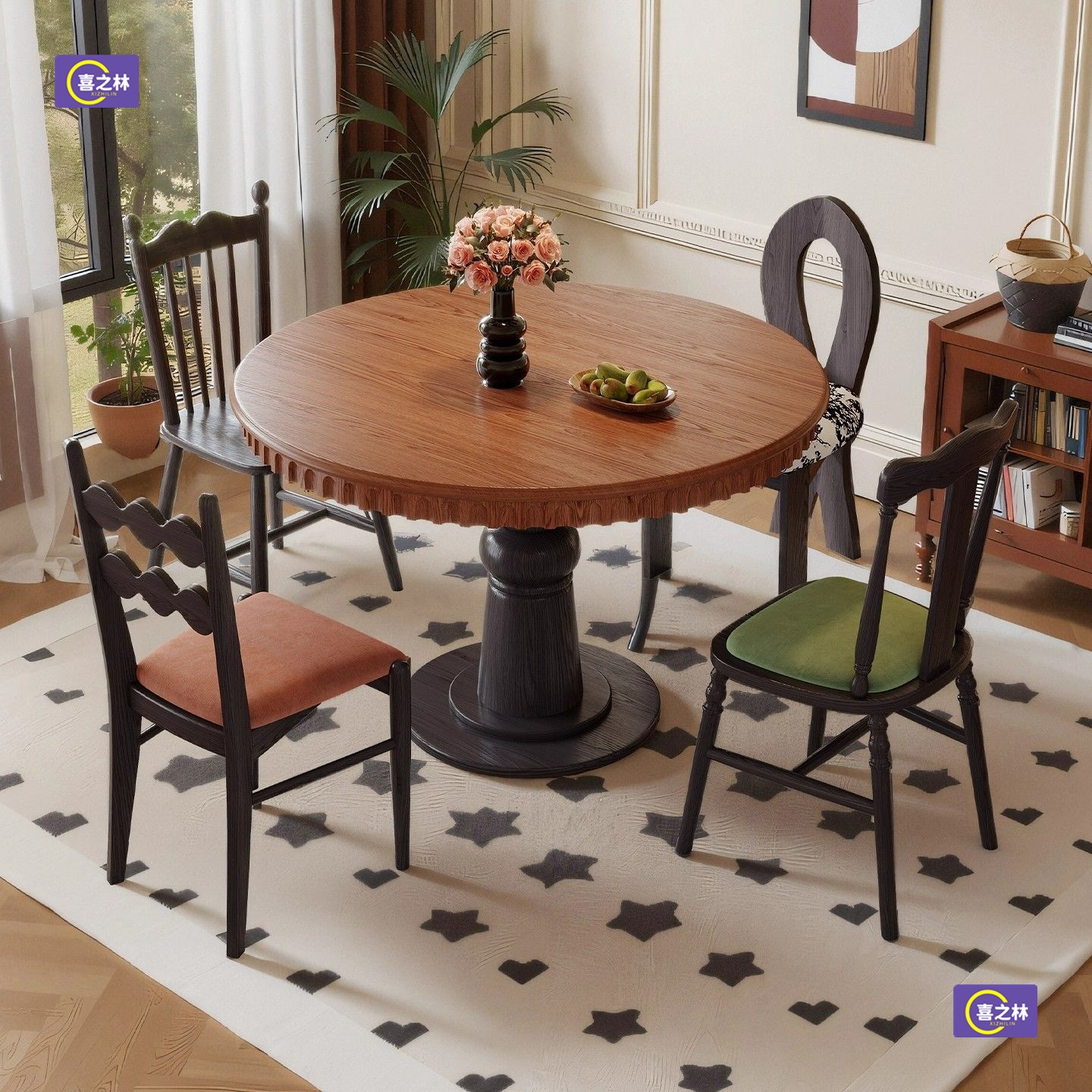 Home Dining Table, Small Apartment Round Table, Balcony Leisure Table, White Wax Solid Wood Dining Table and Chairs, Retro Style Dining Table and Chair Set