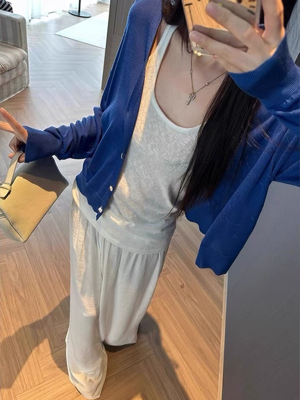 高版本~薄防晒针织开衫女早秋宽松慵懒风正肩长袖上衣外套三件套|undefined