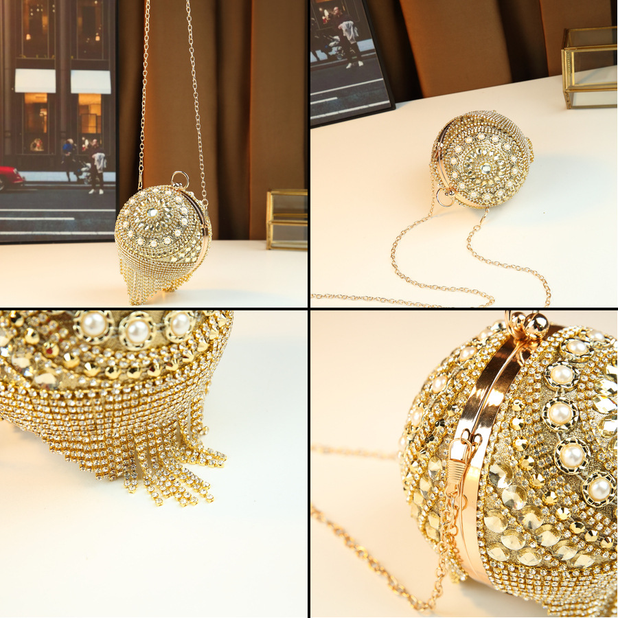 Women's Full Diamond & Pearl Embellished Metal Chain Crossbody Shoulder Bag Glamous PU Leather Handbag For Weddings And Parties_voghion.com