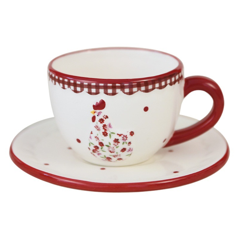 INS estilo vajilla rojo floral pollo Taza de cerámica creativa taza de café y platillo traje de regalo de la tarde taza de té de Pascua