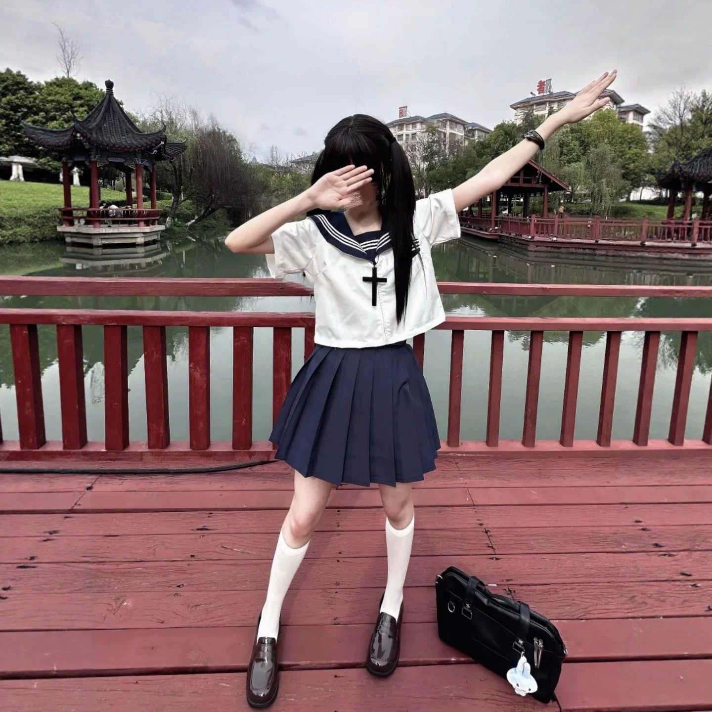 原创日系JK制服穿搭正统白三本水手服上衣搭配同色百褶裙软妹套装