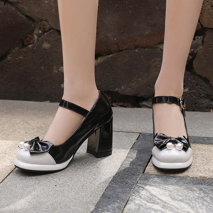 2024 spring and summer new Mary Jane high heels round bow women's shoes shallow thick heel cute sweet