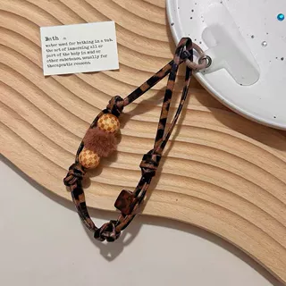 手工豹纹珠子彩色miu编织绳手机链小众毛球挂绳挂件手机挂绳新款d