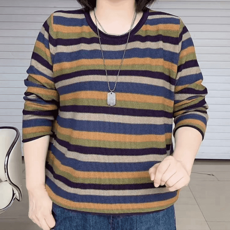 秋季复古慵懒风条纹t恤女漂亮时尚减龄休闲长袖上衣洋气百搭小衫|undefined