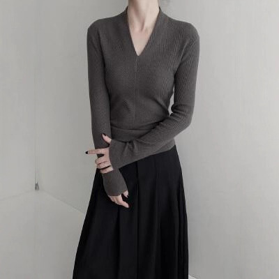 Designed V Neck Water Ripple Slim Knitted Wool Women's Autumn Long-Sleeved Inner and Outer Bottoming Sweater Apricot Color