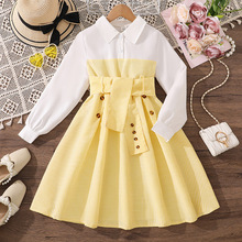 外贸童装2025秋季跨境新款女大童长袖翻领纽扣拼接撞色连衣裙批发