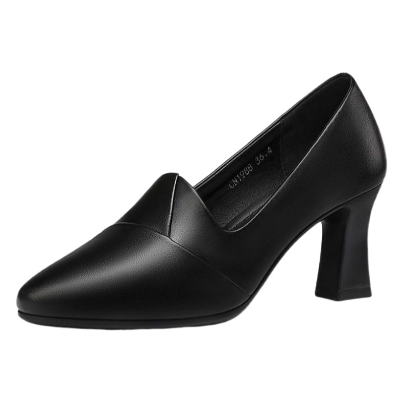 2025 Primavera y novedad de verano, zapatos individuales de tacón medio, los más fáciles de combinar, zapatos de cuero pequeños de tacón alto, zapatos de mamá de cuero suave para primavera, zapatos de trabajo