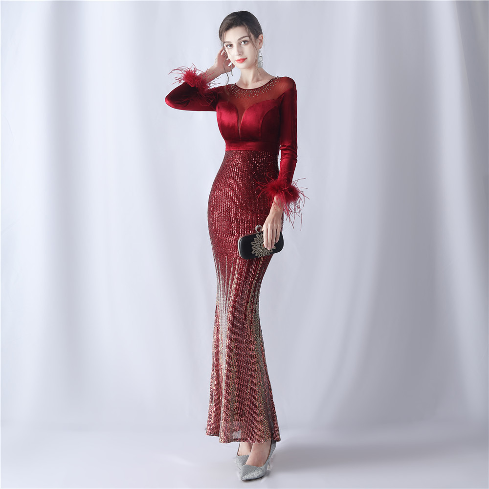 Women's gradient beaded diamond velvet high-end evening dress_voghion.com