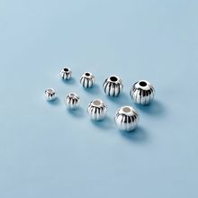 S925纯银素银竖纹珠南瓜灯笼珠隔珠 银饰配件DIY编绳水晶佛珠手链