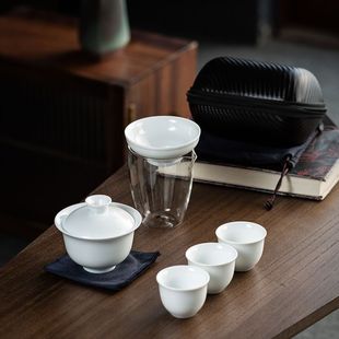 Dehua White Porcelain Travel Tea Set Outdoor Travel Portable Glass Quick Cup Sancai Covered Bowl Small Three Cups Gangyi