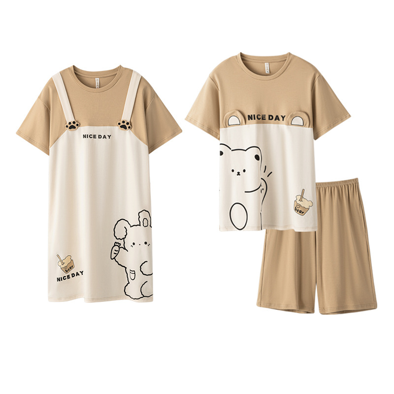 Pareja de pijamas de verano de algodón de manga corta de Internet celebridad oso lindo de dibujos animados nuevo camisón ropa de casa de las mujeres traje de verano