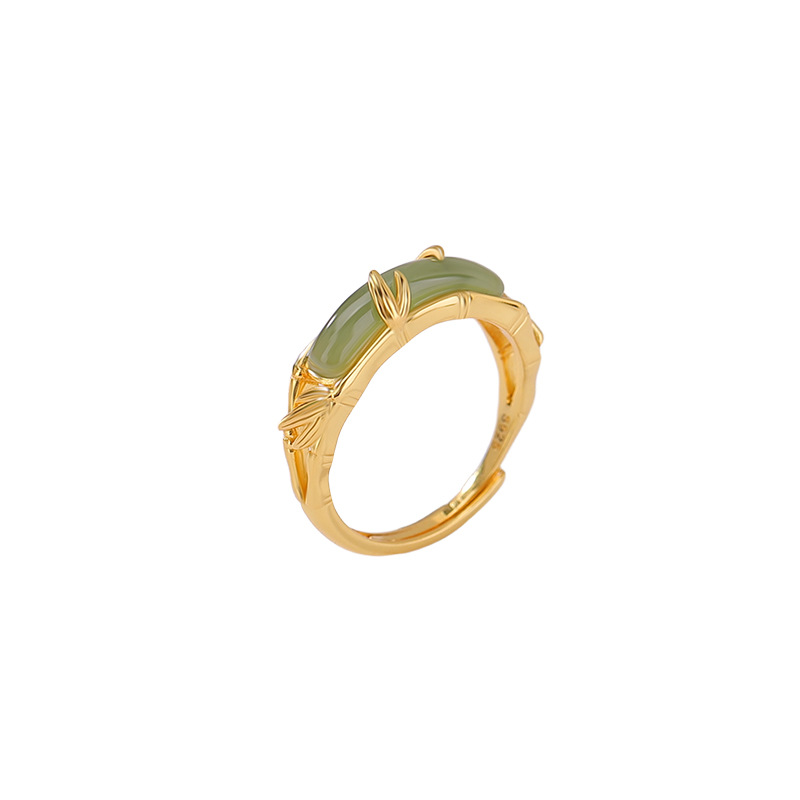 Nhẫn bạc S925 mạ vàng đính đá Sodalite hình lá tre rỗng — một mảnh