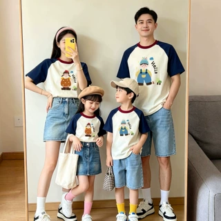 潮范韩版亲子装不撞衫夏纯棉短袖高级感母女装t恤全家度假拍照服