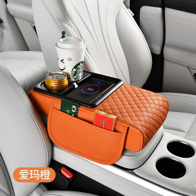 New Wireless Charging Car Armrest Box Pad, Multifunctional Storage and Heightening Pad, Integrated with Mobile Phone Holder for Car Use