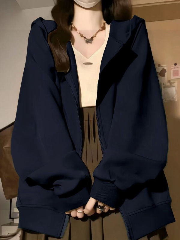 Navy Blue Hooded Sweatshirt for Women, Loose and Lazy Zipper Cardigan Top for Women, Autumn and Winter Velvet Jacket for Women, Trendy