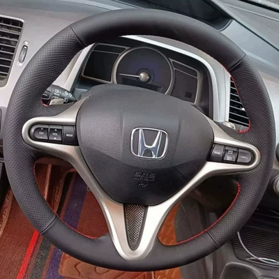 Specially Designed for 08-13 Honda Fit Steering Wheel Cover, Leather Cover for the Eighth-Generation Civic, Hand-Stitched Full-Cover Model (Steering wheel cover) - honda-series-perforated-sides-black-leather-hand-stitched-with-black-thread-38cm