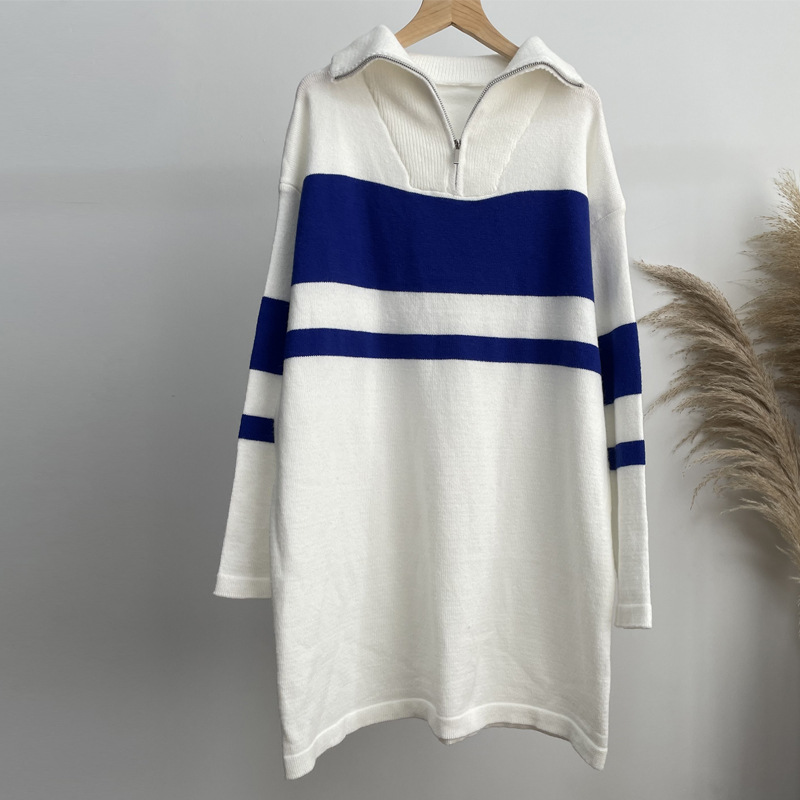 Long Zipper Pullover Women Loose Soft Knitted Long Sleeved Dress Color Contrast Patchwork Top Women