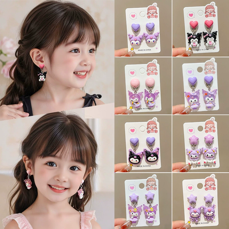 Детские серьги Kuromi, зажимы для ушей, серьги с пирсингом для девочек, серьги с героями мультфильмов для маленьких девочек, детские антибольные серьги, серьги