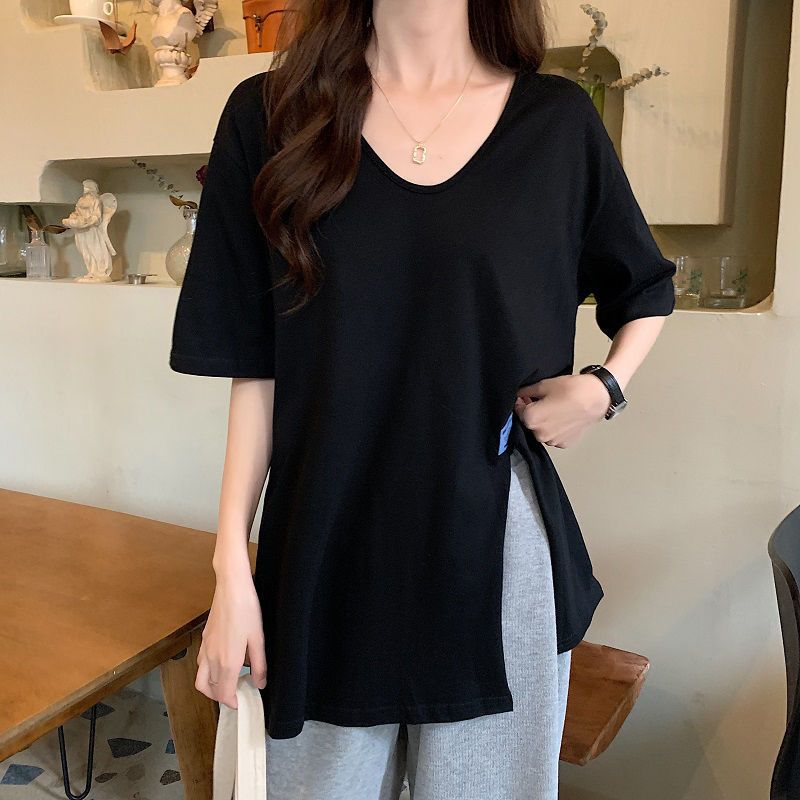 스플릿 V-넥 쇼트 슬리브 티셔츠 여성의 2022 년 새로운 느슨한 인터넷 연예인 프라이드 스트리트 불규칙한 디자인 탑
