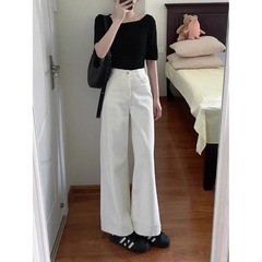 白色直筒牛仔裤女款秋季新款高腰显瘦宽松阔腿垂感拖地松弛感裤子