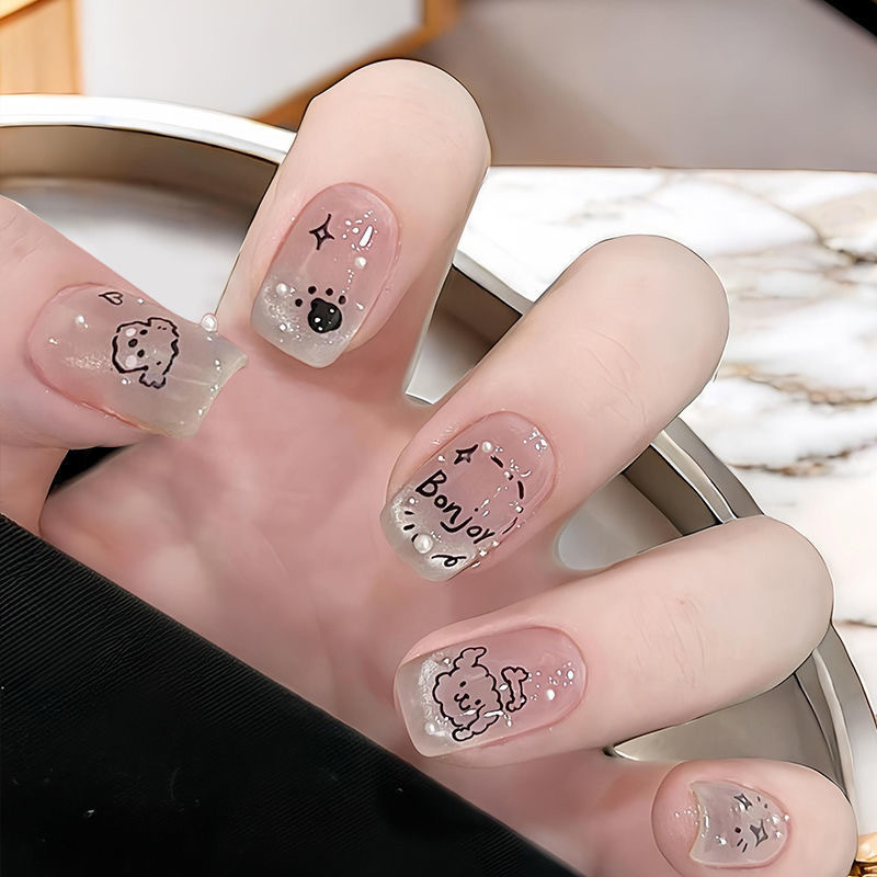Short Nail Art Ins Graffiti Cute Puppy Cat Pearl Cat Eye Dressing Armor Finished Removable Fake Nail Sticker