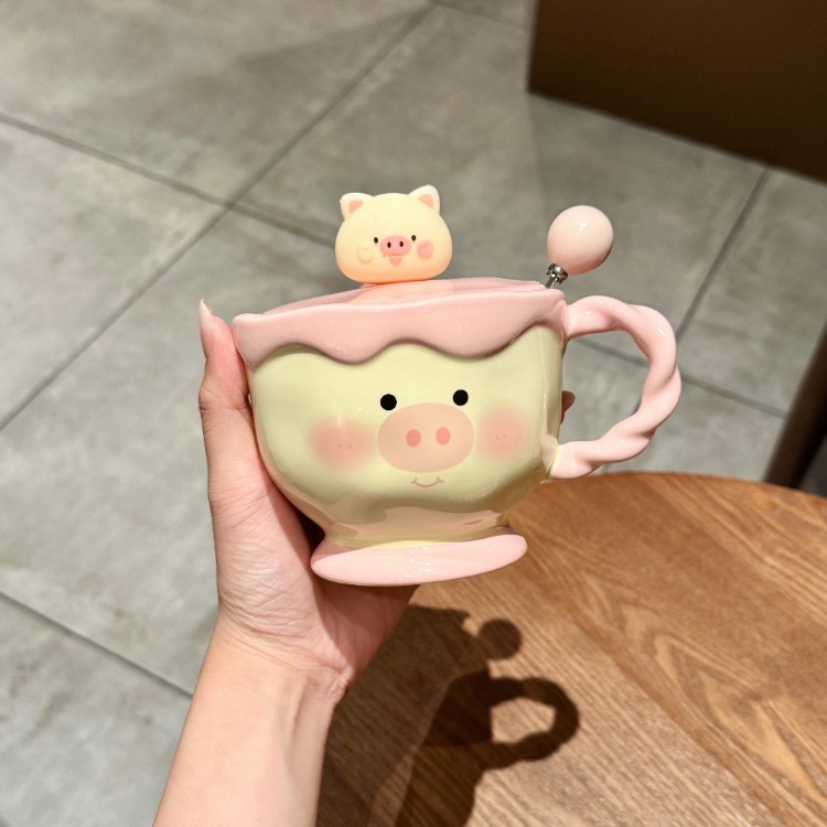 Cute cerdo cerámico taza con cubierta cuchara de oficina de chicas taza de agua para beber taza de desayuno casero pareja