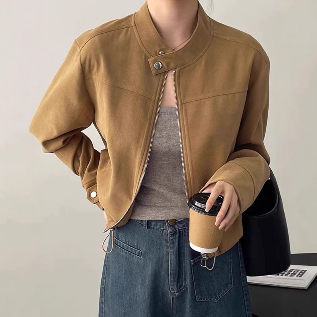 [Suede] American stand collar small style coat women's cross-border new jacket motorcycle clothing short baseball uniform